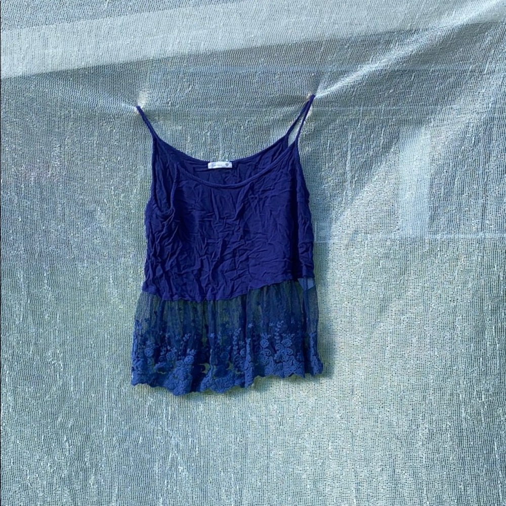 Navy Blue Tank Top with Mesh and Floral Accents